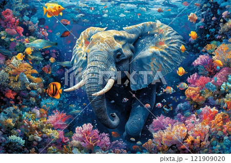 elephant fish hybrid glides gracefully through coral reef its dorsal fin and sleek tail. adapted trunk enables it breathe as it explores its colorful surroundings. 121909020