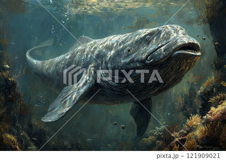 unique creature combines body of elephant aquatic features as it glides through colorful coral reefs. Its trunk adapts for breathing underwater while playful fish swim around. 121909021