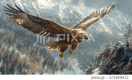 powerful creature combines muscular physique of wolf and impressive wings and beak of eagle soaring gracefully from rugged cliff snow capped peaks behind. 121909022