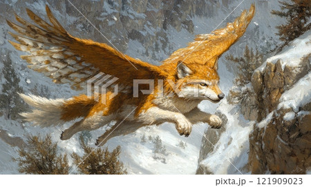 dynamic creature body of wolf and wings of eagle leaps into flight from rocky cliff surrounded majestic snowy mountains in distance. 121909023