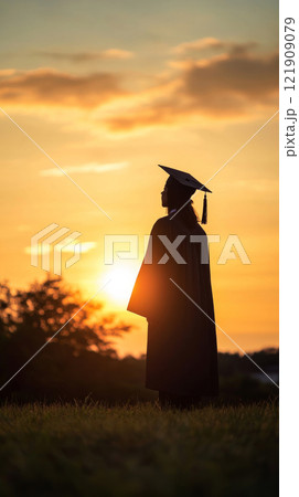Graduation silhouette at sunset, academic achievement and future concept 121909079