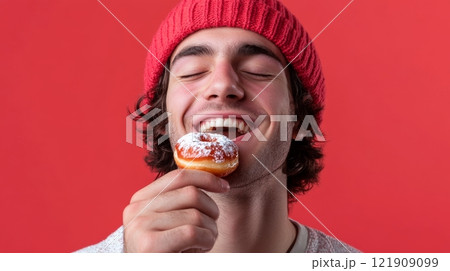 Young man enjoying donut while smiling against red background, joyful snacking and happiness concept 121909099