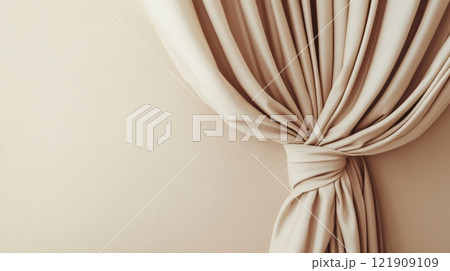 Elegant beige curtain neatly tied with knot, minimalist interior design concept 121909109
