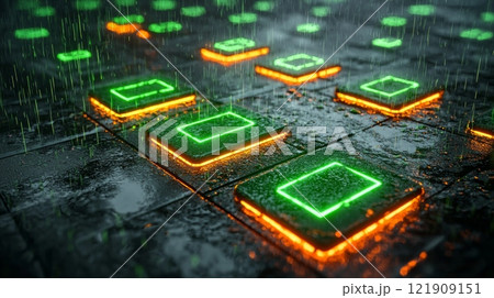Glowing green stones form intricate shapes against dark urban backdrop illuminated neon lights. Digital rain creates futuristic ambiance enhancing cyberpunk aesthetic. 121909151