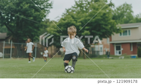 Child with prosthetic leg brings joy to soccer game in neighborhood park with friends enjoying the sunny afternoon Child with prosthetic leg brings joy to soccer game in neighborhood park with friends enjoying the sunny afternoon 121909178