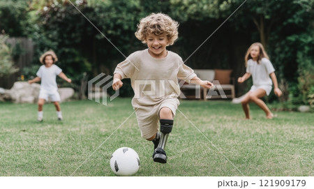 Child with prosthetic leg enjoys playing soccer with friends in a lively park setting on a sunny day 121909179