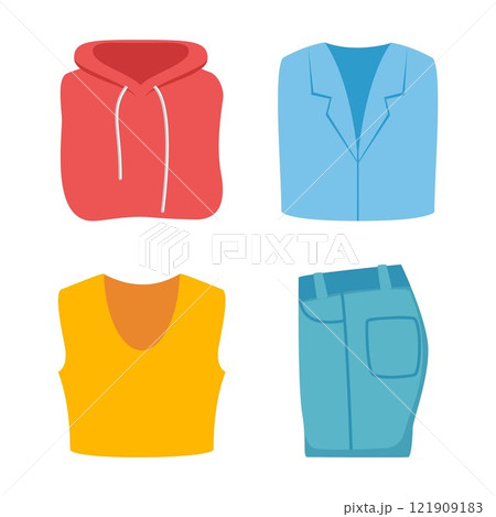 Colorful casual collection of folded clothes. Top view of lying folded trousers, T-shirt, sweatshirt, jacket. Vector illustration. 121909183