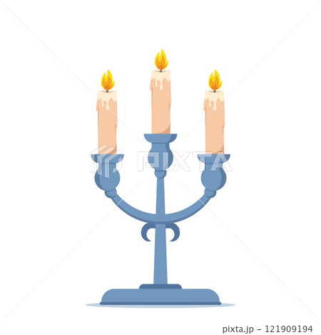 Candelabra or candle holder with three burning candles. Light, warmth. Interior element. Vector illustration. 121909194
