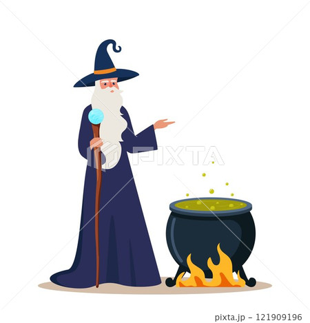 Old wizard man in robe and hat stands near cauldron with poisonous green potion. Bearded magician or witcher in mantle with magic wand. Vector illustration. Old wizard man in robe and hat stands near cauldron with poisonous green potion. Bearded magician or witcher in mantle with magic wand. Vector illustration. 121909196