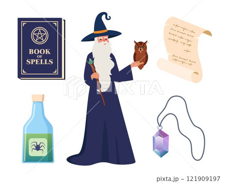 Old wizard man in robe and Magician tools. Wizard magic mystery amulet, spell book, crystal ball, evil eye, tarot cards, potion cauldron. Vector illustration. Old wizard man in robe and Magician tools. Wizard magic mystery amulet, spell book, crystal ball, evil eye, tarot cards, potion cauldron. Vector illustration. 121909197