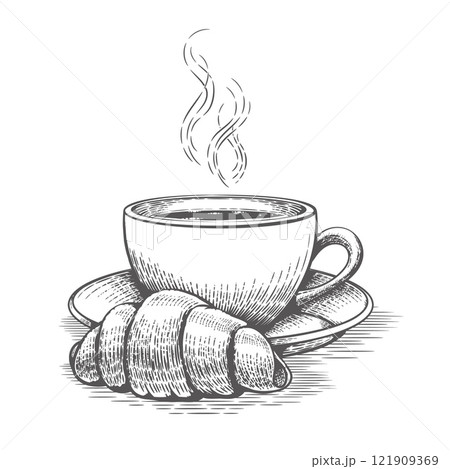 Croissant and coffee cup engraving 121909369