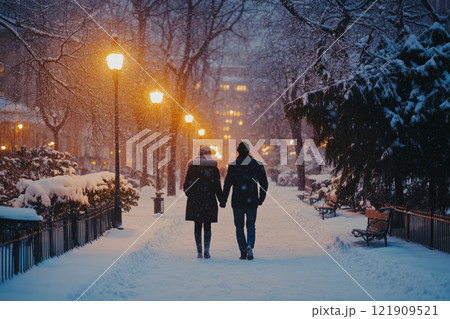 Couple walks hand in hand through snow covered park Couple walks hand in hand through snow covered park 121909521