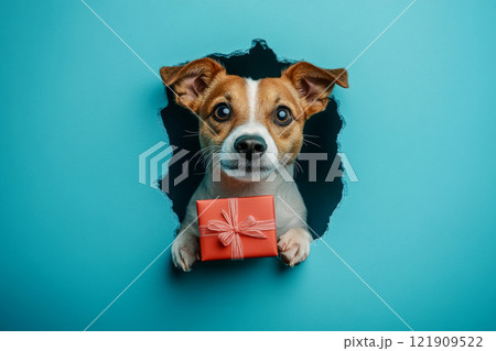 Dog peeks through a hole in a wall, holding a wrapped present with a ribbon 121909522