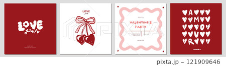 Valentine's Day greeting card set. Romantic, hand drawn hearts pattern, cherry, bow, love you calligraphy, wavy textured frame. Vector illustration in pink, red color. Party invitation template design 121909646