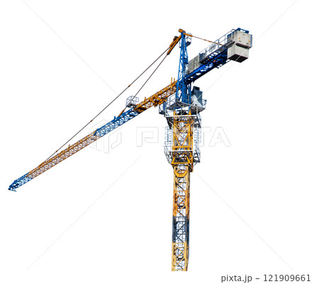 Hoisting crane isolated on white background. Demountable construction crane for moving heavy loads on a construction site 121909661