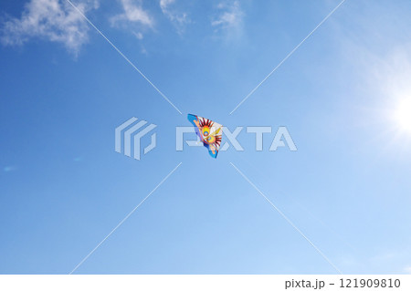 青空に舞うカイト　大空を飛ぶ凧　凧揚げ　イメージ素材　年賀状素材 121909810