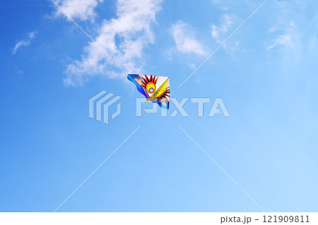 青空に舞うカイト　大空を飛ぶ凧　凧揚げ　イメージ素材　年賀状素材 121909811