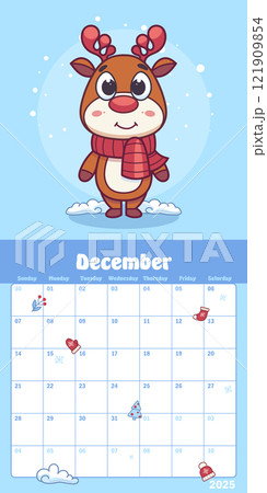 December calendar page with a cute reindeer mascot December calendar page with a cute reindeer mascot 121909854