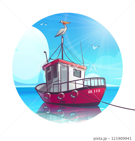 Ship with pelican on mast in natural environment 121909941
