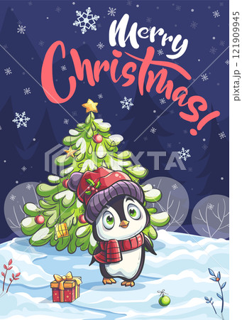 Cartoon little penguin in the background snow night sky 121909945
