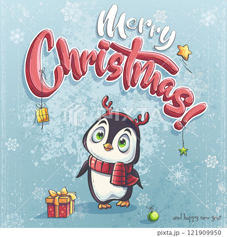 Cute christmas card Cartoon little penguin 121909950