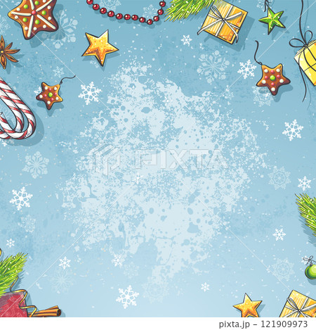 Christmas light blue snowy background with gifts Christmas light blue snowy background with gifts 121909973