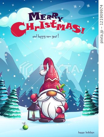 Merry Christmas card gnome in snowy clearing among Merry Christmas card gnome in snowy clearing among 121909974