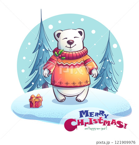Christmas card with the cartoon polar bear 121909976
