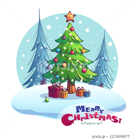 Christmas card cartoon New Year tree Christmas card cartoon New Year tree 121909977