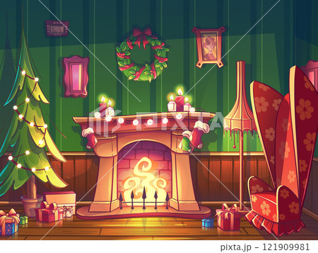 Classic fireplace with a Christmas tree 121909981