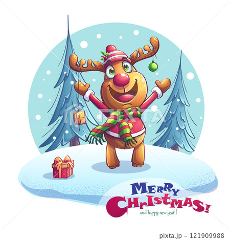 Merry Christmas cheerful deer on snowy meadow 121909988