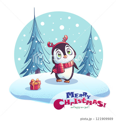 Christmas card Cartoon little penguin 121909989