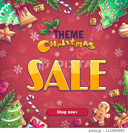 Theme Christmas sale inscription on red snowy background Theme Christmas sale inscription on red snowy background 121909995