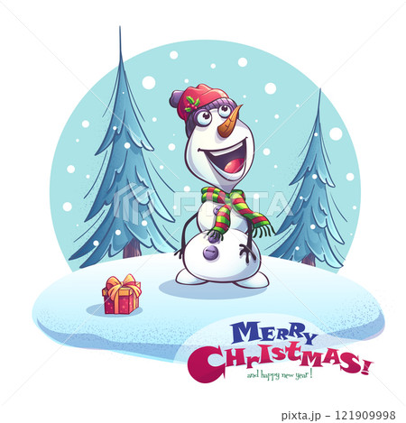 Cute snowman, Christmas tree 121909998