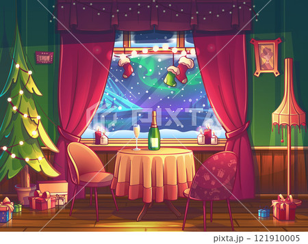 Color illustration cartoon interior with winter landscape 121910005