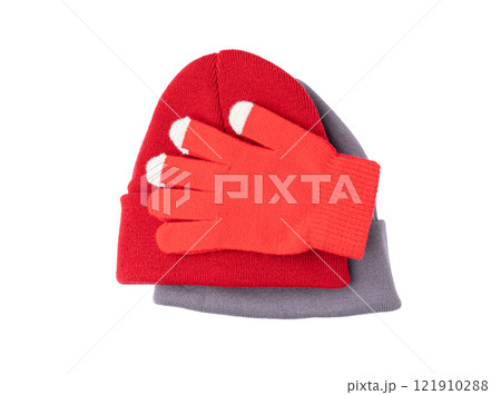 Winter Hat Isolated, Knitted Cap, Beige Winter Hat on White Background 121910288