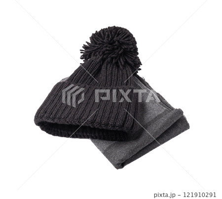 Winter Hat Isolated, Knitted Cap, Beige Winter Hat on White Background 121910291