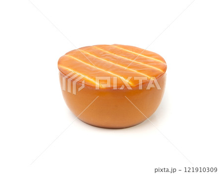 Smoked Round Cheese Isolated, Camel Milk Cheese, Mountain Snack, Sheep Milk Product on White Smoked Round Cheese Isolated, Camel Milk Cheese, Mountain Snack, Sheep Milk Product on White 121910309
