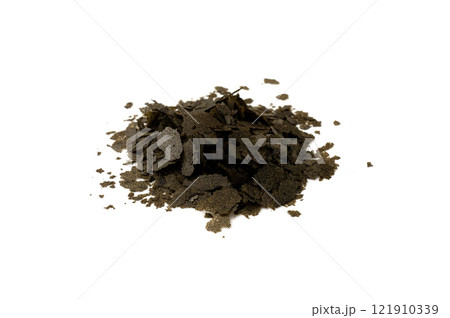 Spirulina Flakes Isolated, Arthrospira Algae Nutrient for Aquarium Fishes, Spirulina Flakes on White 121910339