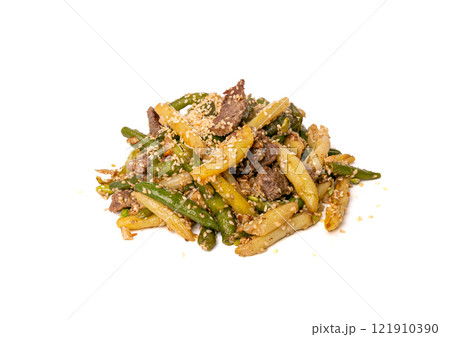 Stir Frying Beef with Green String Beans Isolated, Fried French Beans with Meat on White Stir Frying Beef with Green String Beans Isolated, Fried French Beans with Meat on White 121910390
