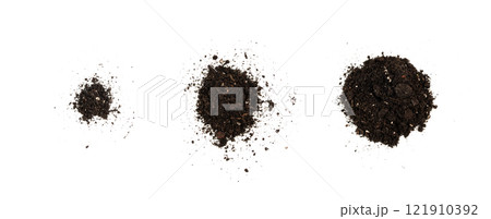 Succulent soil isolated. Dried dry dirt, ground pile, manure soil, arid dirt, natural black turf, dirty earth texture 121910392