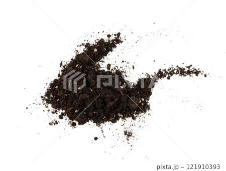 Succulent soil isolated. Dried dry dirt, ground pile, manure soil, arid dirt, natural black turf, dirty earth texture 121910393