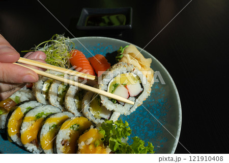 Sushi Plate, Fish Maki Rolls, Japan Seafood, Sushi Set, Asian Dinner, Tradition Nigiri Susi Sushi Plate, Fish Maki Rolls, Japan Seafood, Sushi Set, Asian Dinner, Tradition Nigiri Susi 121910408