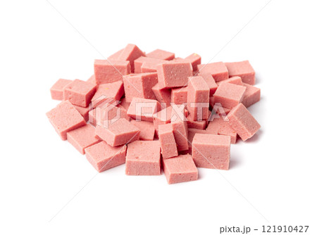 Diced Mortadella Slice Isolated, Luncheon Meat Cut, Chicken Ham Cubes, Boiled Sausage for Breakfast Diced Mortadella Slice Isolated, Luncheon Meat Cut, Chicken Ham Cubes, Boiled Sausage for Breakfast 121910427