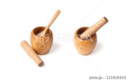 Wooden Mortar Isolated, Wood Pounder and Pestle, Empty Mortar Bowl, Vintage Kitchen Equipment 121910429