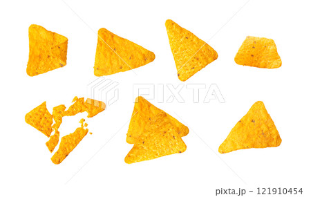 Nachos Chips Isolated, Mexican Triangle Corn Chips for Nacho Tortilla, Maize Snack, Nachos on White Background Nachos Chips Isolated, Mexican Triangle Corn Chips for Nacho Tortilla, Maize Snack, Nachos on White Background 121910454