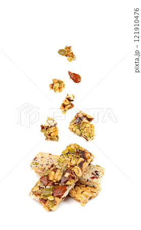 Energy Snack with Nuts Isolated. Muesli Snack, Protein Candy, Fitness Fruit and Nut Mix Energy Snack with Nuts Isolated. Muesli Snack, Protein Candy, Fitness Fruit and Nut Mix 121910476