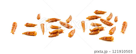 Stewed okra, cooked bamya fruits isolated, traditional asian dish bamia in red sauce, okra stew closeup 121910503