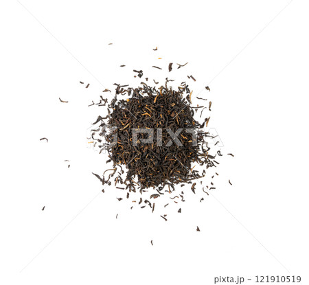 Black Tea Leaves Isolated, High Quality Black Tea Pile, Dry Organic Indian Drink, Black Tea Leaves on White Black Tea Leaves Isolated, High Quality Black Tea Pile, Dry Organic Indian Drink, Black Tea Leaves on White 121910519