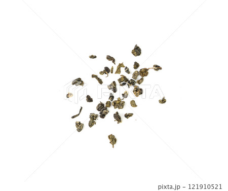 Yunnan Bi Luo Chun green tea leaves balls isolated, dry fresh herbal tea pile, healthy drink ingredient 121910521